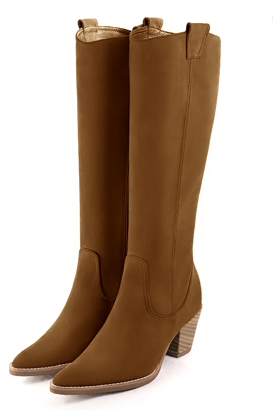 Caramel brown women's cowboy boots. Tapered toe. Medium cone heels. Made to measure. Front view - Florence KOOIJMAN